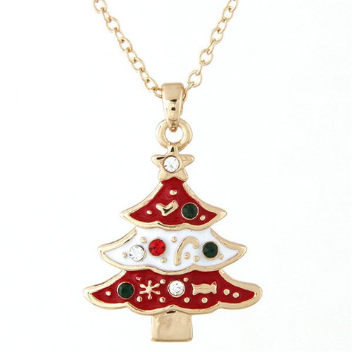 Czech Rhinestone Inlaid Oil Spot Glazed Christmas Tree Pendant Fashion Necklace - Red