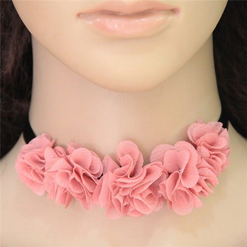 Sweet Pinky Cloth Flowers Rope Costume Necklace