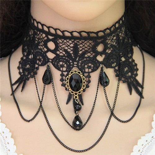 Vintage Tassel Chain and Gem Buckle Decorated Floral Black Lace Choker Necklace