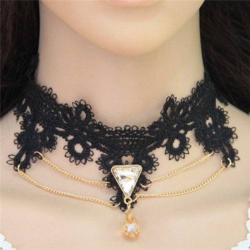 Triangle and Waterdrop Pendants with Golden Chain Design Black Lace Choker Necklace