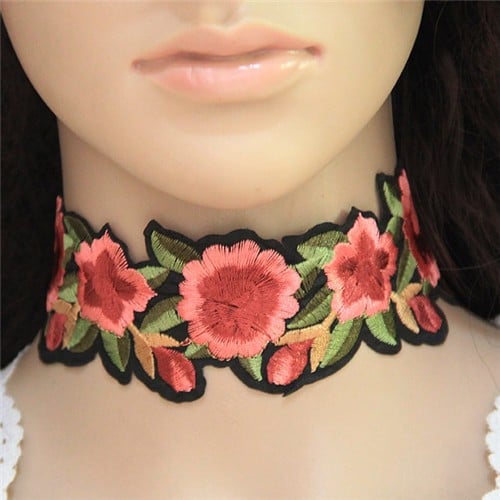 Embroidered Roses High Fashion Cloth Choker Necklace