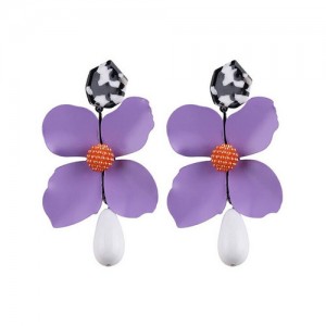 Chunky Flower Dangling Fashion Women Statement Earrings Purple