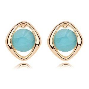 Elegant Opal Stone Embedded Gold Plated Rhombus Ear Studs Blue
