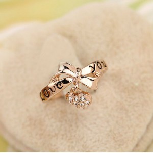 Bowknot With Rhinestone Inlaid Dangling Heart Design Rose Gold Ring