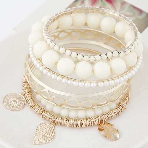 Mixed Elements Pendant Design Multiple Layers Beads Fashion Bangle - White