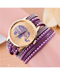 Folk Style Elephant with Multi-layers Beads and Studs Decorated Leather Women Fashion Bracelet Watch - Purple