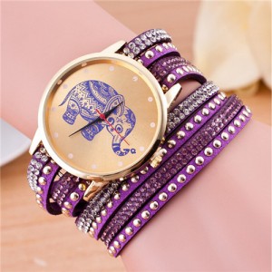 Folk Style Elephant with Multi-layers Beads and Studs Decorated Leather Women Fashion Bracelet Watch - Purple