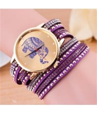 Folk Style Elephant with Multi-layers Beads and Studs Decorated Leather Women Fashion Bracelet Watch - Purple