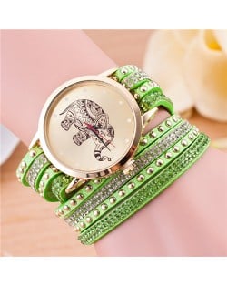 Folk Style Elephant with Multi-layers Beads and Studs Decorated Leather Women Fashion Bracelet Watch - Green