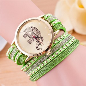 Folk Style Elephant with Multi-layers Beads and Studs Decorated Leather Women Fashion Bracelet Watch - Green