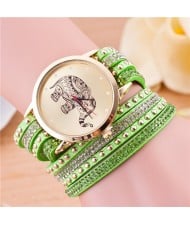 Folk Style Elephant with Multi-layers Beads and Studs Decorated Leather Women Fashion Bracelet Watch - Green