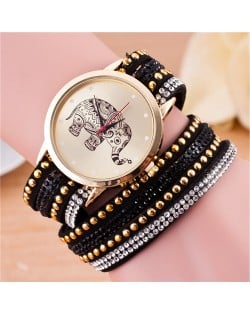 Folk Style Elephant with Multi-layers Beads and Studs Decorated Leather Women Fashion Bracelet Watch - Black