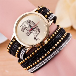 Folk Style Elephant with Multi-layers Beads and Studs Decorated Leather Women Fashion Bracelet Watch - Black