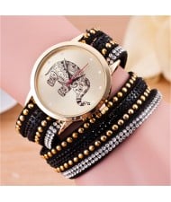 Folk Style Elephant with Multi-layers Beads and Studs Decorated Leather Women Fashion Bracelet Watch - Black
