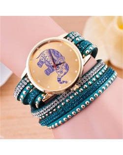 Folk Style Elephant with Multi-layers Beads and Studs Decorated Leather Women Fashion Bracelet Watch - Peacock Blue