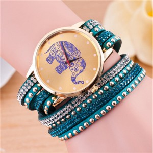 Folk Style Elephant with Multi-layers Beads and Studs Decorated Leather Women Fashion Bracelet Watch - Peacock Blue
