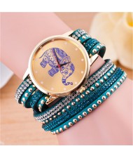 Folk Style Elephant with Multi-layers Beads and Studs Decorated Leather Women Fashion Bracelet Watch - Peacock Blue