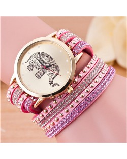 Folk Style Elephant with Multi-layers Beads and Studs Decorated Leather Women Fashion Bracelet Watch - Pink