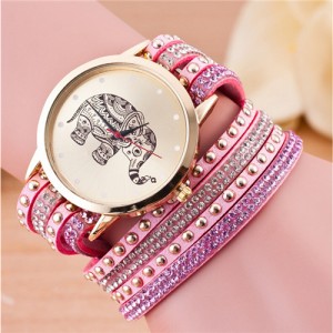 Folk Style Elephant with Multi-layers Beads and Studs Decorated Leather Women Fashion Bracelet Watch - Pink