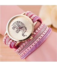 Folk Style Elephant with Multi-layers Beads and Studs Decorated Leather Women Fashion Bracelet Watch - Pink