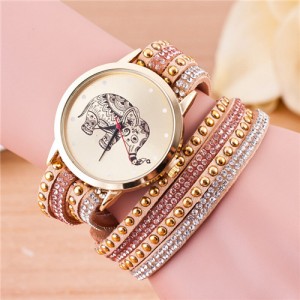 Folk Style Elephant with Multi-layers Beads and Studs Decorated Leather Women Fashion Bracelet Watch - Khaki