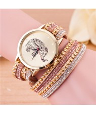 Folk Style Elephant with Multi-layers Beads and Studs Decorated Leather Women Fashion Bracelet Watch - Khaki