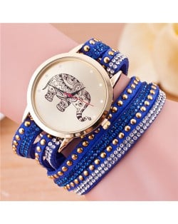 Folk Style Elephant with Multi-layers Beads and Studs Decorated Leather Women Fashion Bracelet Watch - Royal Blue