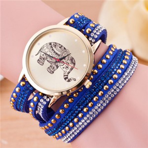 Folk Style Elephant with Multi-layers Beads and Studs Decorated Leather Women Fashion Bracelet Watch - Royal Blue