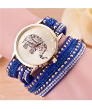 Folk Style Elephant with Multi-layers Beads and Studs Decorated Leather Women Fashion Bracelet Watch - Royal Blue