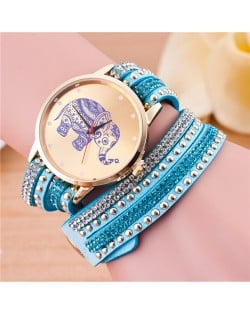 Folk Style Elephant with Multi-layers Beads and Studs Decorated Leather Women Fashion Bracelet Watch - Light Blue