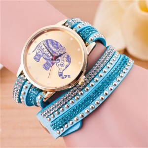 Folk Style Elephant with Multi-layers Beads and Studs Decorated Leather Women Fashion Bracelet Watch - Light Blue