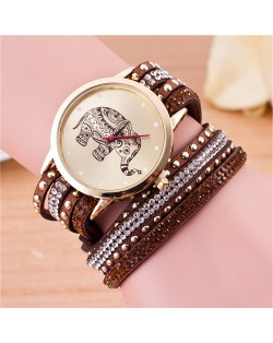 Folk Style Elephant with Multi-layers Beads and Studs Decorated Leather Women Fashion Bracelet Watch - Coffee