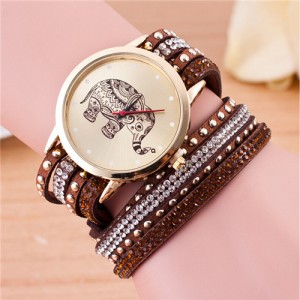 Folk Style Elephant with Multi-layers Beads and Studs Decorated Leather Women Fashion Bracelet Watch - Coffee