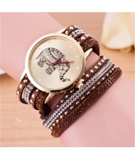 Folk Style Elephant with Multi-layers Beads and Studs Decorated Leather Women Fashion Bracelet Watch - Coffee