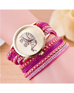 Folk Style Elephant with Multi-layers Beads and Studs Decorated Leather Women Fashion Bracelet Watch - Rose