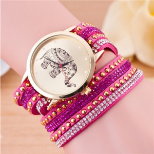 Folk Style Elephant with Multi-layers Beads and Studs Decorated Leather Women Fashion Bracelet Watch - Rose