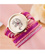 Folk Style Elephant with Multi-layers Beads and Studs Decorated Leather Women Fashion Bracelet Watch - Rose