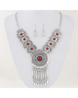 Gem Inlaid Hollow Silver Round Pendant with Dangling Waterdrops Design Fashion Necklace and Earrings Set - Red