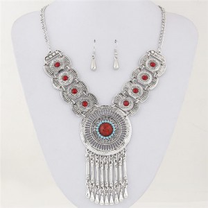 Gem Inlaid Hollow Silver Round Pendant with Dangling Waterdrops Design Fashion Necklace and Earrings Set - Red