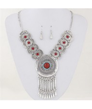 Gem Inlaid Hollow Silver Round Pendant with Dangling Waterdrops Design Fashion Necklace and Earrings Set - Red