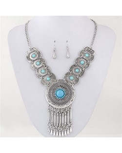 Gem Inlaid Hollow Silver Round Pendant with Dangling Waterdrops Design Fashion Necklace and Earrings Set - Blue