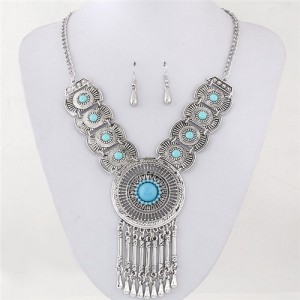 Gem Inlaid Hollow Silver Round Pendant with Dangling Waterdrops Design Fashion Necklace and Earrings Set - Blue