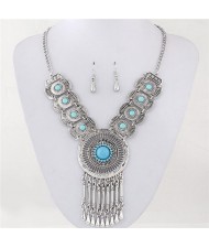 Gem Inlaid Hollow Silver Round Pendant with Dangling Waterdrops Design Fashion Necklace and Earrings Set - Blue