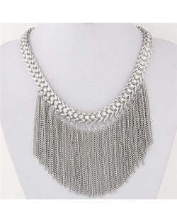 Rhinestone Inlaid Western High Fashion Chain Tassels Design Short Necklace - Silver