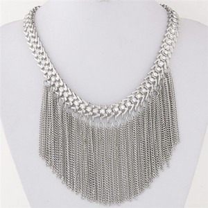 Rhinestone Inlaid Western High Fashion Chain Tassels Design Short Necklace - Silver