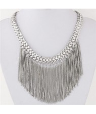 Rhinestone Inlaid Western High Fashion Chain Tassels Design Short Necklace - Silver