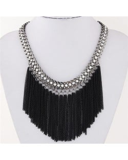 Rhinestone Inlaid Western High Fashion Chain Tassels Design Short Necklace - Black