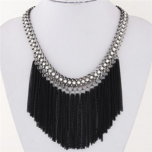 Rhinestone Inlaid Western High Fashion Chain Tassels Design Short Necklace - Black