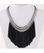 Rhinestone Inlaid Western High Fashion Chain Tassels Design Short Necklace - Black