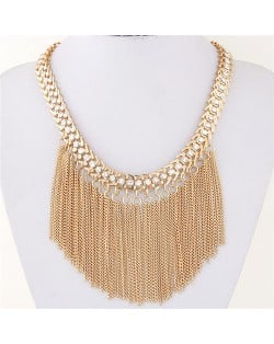 Rhinestone Inlaid Western High Fashion Chain Tassels Design Short Necklace - Golden